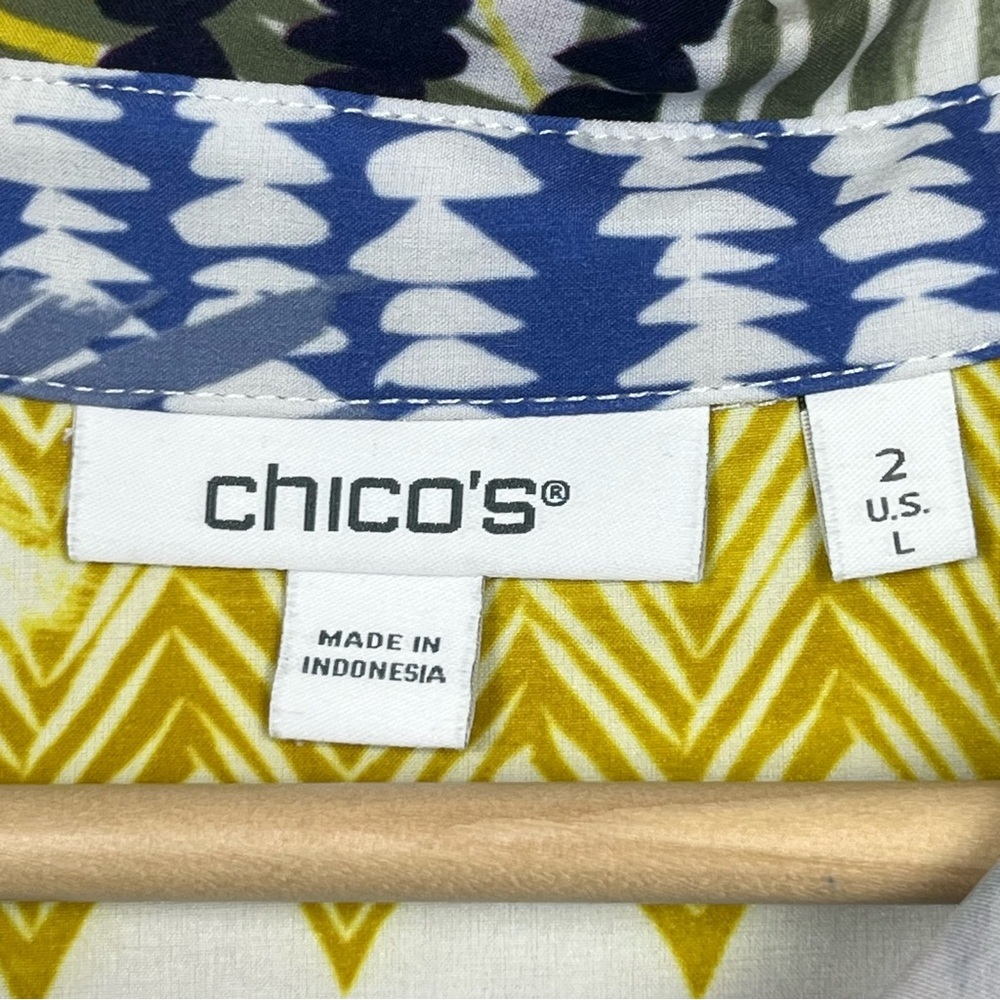 Chico’s blue & yellow ruffle cap sleeve performance material dress, large. - Picture 7 of 8